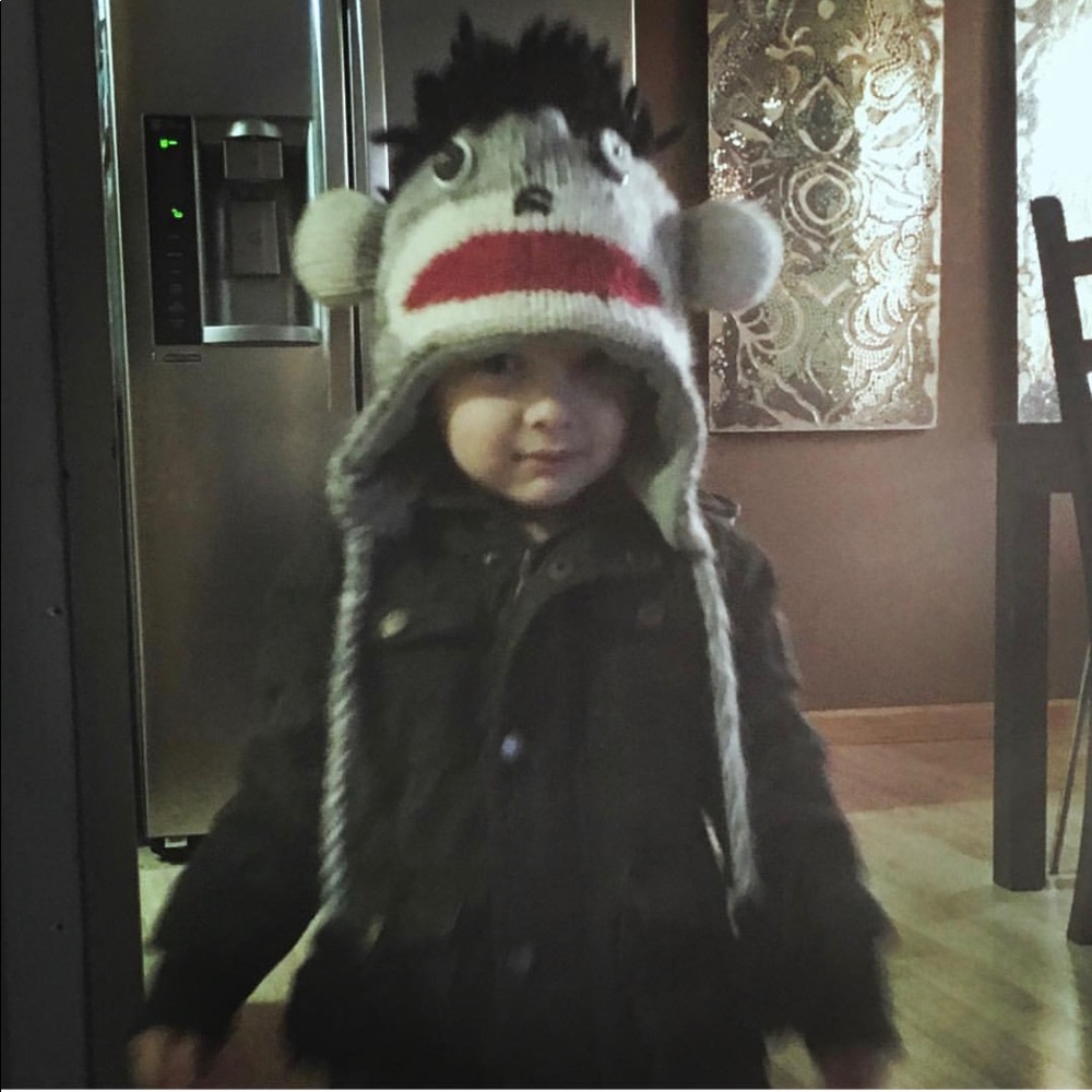 Sock Monkey Hat 100%wool, fleece/polyester inner